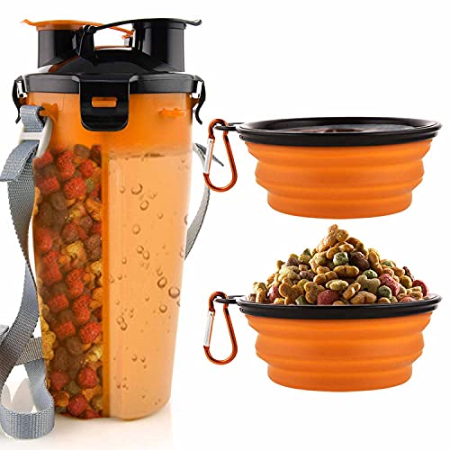 MATT SAGA 800ML Hund Trinkflasche und Futterflasche 2-in-1 mit 2 Faltbar Hunde Reisenapf Tragbare Hundewasserschüsseln zum Gehen, Wandern & Reisen(Orange) von MATT SAGA