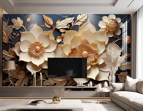 Fototapete 3D Effekt 3D Goldene Lotusblätter Vlies Tapeten Wandtapete Moderne Wanddeko Design Wand Dekoration Wohnzimmer Schlafzimmer 300Cm(W)*210Cm(H) von MATUDA