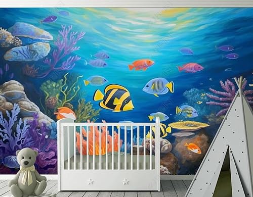 Fototapete 3D Effekt 3D Tapete Handgemalte Cartoon Unterwassertiere Pflanzen Für Das Kinderzimmer Modern Vlies Tapeten Wohnzimmer Schlafzimmer Flur 300Cm(W)*210Cm(H) von MATUDA