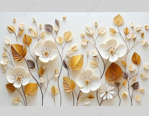 Fototapete 3D Effekt Weiße Goldene Blätter Blühen 3D Vlies Tapeten Wandtapete Moderne Wanddeko Design Wand Dekoration Wohnzimmer Schlafzimmer 300Cm(W)*210Cm(H) von MATUDA