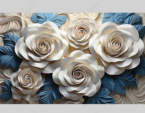 Fototapete 3D Effekt Weiße Rose, Blaue Blätter 3D Vlies Tapeten Wandtapete Moderne Wanddeko Design Wand Dekoration Wohnzimmer Schlafzimmer 300Cm(W)*210Cm(H) von MATUDA