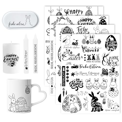 4 Stück Rub On Sticker Ostern, Frühling Ostereier Osterhasen Aufkleber, Selbstklebend Frohe Ostern Sticker, Osterdeko für Glas Gips Holz Keramik kerzentattoos Möbel Geschenke Deko von MATVHRUI