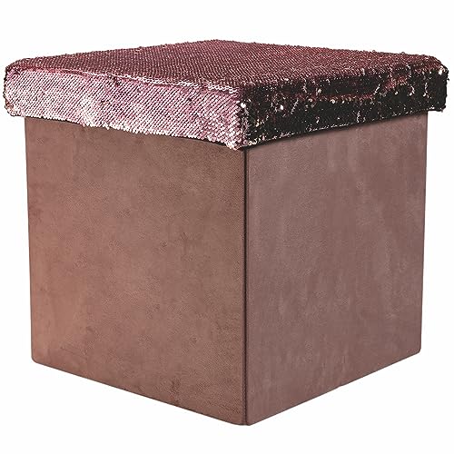 MAURY'S Sibilla Pouf Mehrzweck-Aufbewahrungsbox, zusammenklappbar, Gestell aus MDF, Bezug mit Samt und rosa Pailletten, 38 x 38 x 38 cm von MAURY'S