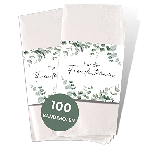 100x Freudentränen Hochzeit Taschentücher Banderolen - Eukalyptus DIY Banderolen als Deko für Gäste-Taschentücher (Taschentücher nicht enthalten) von MAVANTO