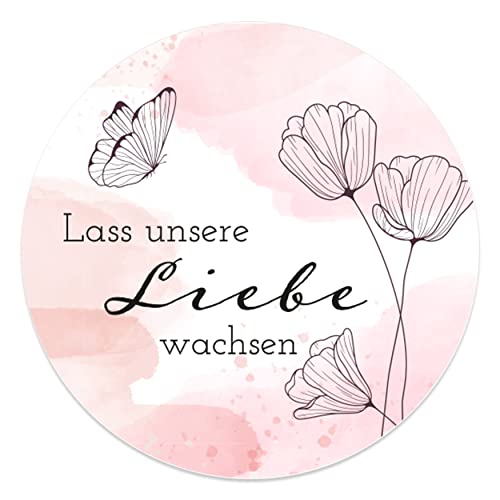 Lass unsere Liebe wachsen Aufkleber rund 4,5 cm - Hochzeit Sticker ideal für Blumensamen Gastgeschenk in vielen verschiedenen Designs (20x Stück, Schmetterling) von MAVANTO