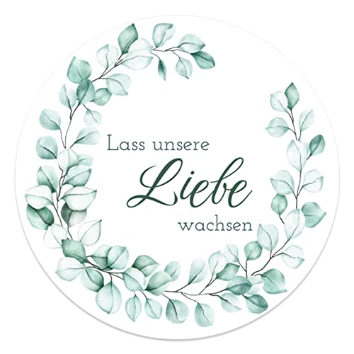 Lass unsere Liebe wachsen Aufkleber rund 4,5 cm - Hochzeit Sticker ideal für Blumensamen Gastgeschenk in vielen verschiedenen Designs (40x Stück, Eukalyptus) von MAVANTO