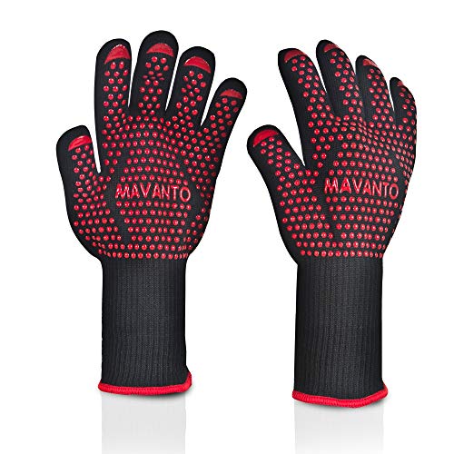 MAVANTO Grillhandschuhe EXTRA LANG hitzebeständig bis zu 500 Grad - perfekt auch am Ofen - Profi BBQ Handschuhe mit Unterarmschutz (Rot, S/M) von MAVANTO
