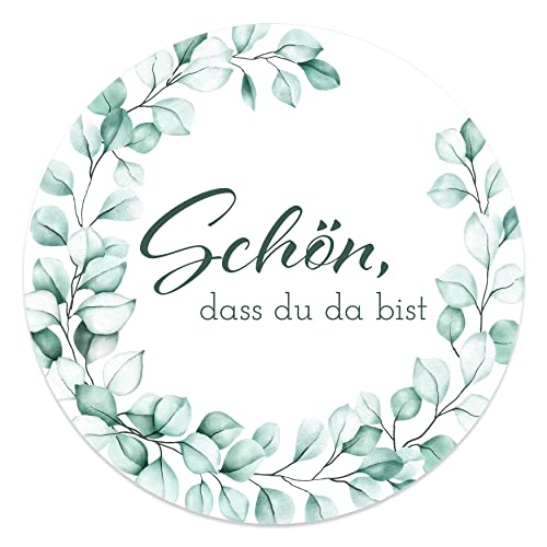 Aufkleber Schön dass du da bist 4,5 cm - Hochzeit Sticker ideal für Gastgeschenk in vielen verschiedenen Designs (80x Stück, Eukalyptus Kranz) von MAVANTO