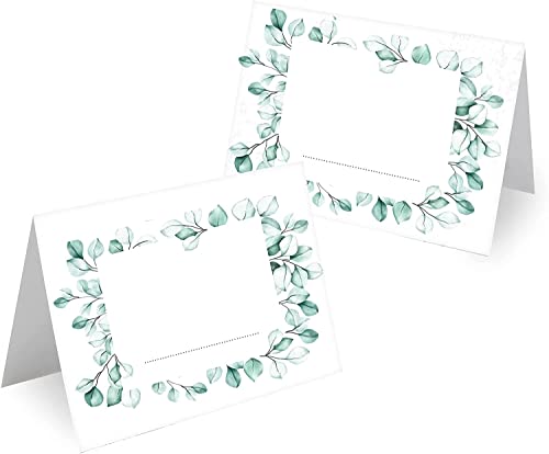 Tischkarten Blanko Hochzeit Geburtstag DIN A7 - Design Platzkarten zum Beschriften in vielen verschiedenen Designs (100x Stück, Eukalyptus Kranz) von MAVANTO