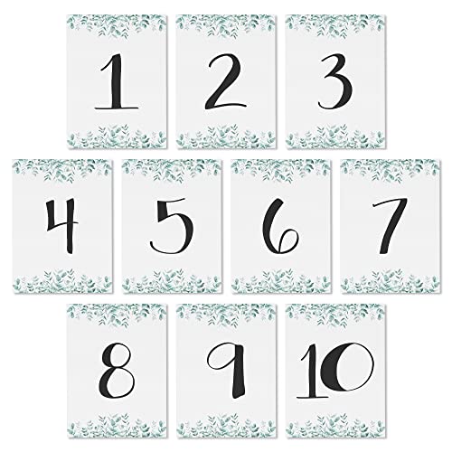 Tischnummern Hochzeit Eukalyptus 1-10 beidseitig bedruckt - Sitzplan Karten für eine organisierte Tischordnung auf jeder Feier (Eukalyptus, 1-10) von MAVANTO