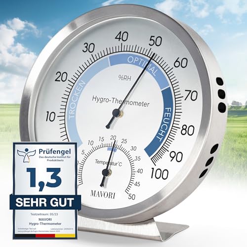 MAVORI® 2in1 Hygrometer innen analog und Thermometer analog innen aus Edelstahl - Thermometer Hygrometer analog - Temperatur und Luftfeuchtigkeitsmesser für ein gesundes Raumklima - Ø 12,5cm von MAVORI