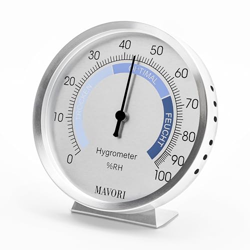 MAVORI® Hygrometer innen analog aus Edelstahl - eleganter & präziser Luftfeuchtigkeitsmesser für ein gesundes Raumklima - umweltfreundlicher batteriefreier Betrieb - Ø 9,5 cm - NEU von MAVORI