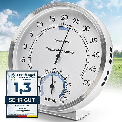 MAVORI® 2in1 Thermometer & Hygrometer aus Edelstahl | Analog Hygrometer & Thermometer | Luftfeuchtigkeitsmesser & Raumthermometer innen für Ihr gesundes Raumklima | Ø 12,5cm von MAVORI