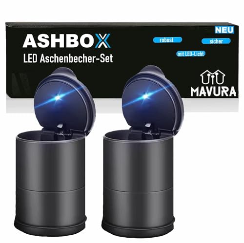 ASHBOX Auto LED Aschenbecher mit Deckel LED-Licht für Getränkehalter, Universal Selbstlöschend Sturmaschenbecher Windaschenbecher [2er Set] von MAVURA