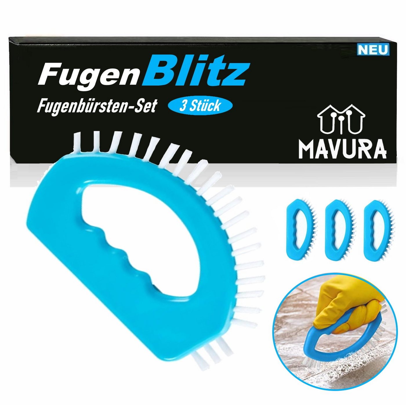 MAVURA Fugenbürste FugenBlitz Reinigungsbürsten Set Bad Fugenreinigung, Fugenreinigungsbürste Scheuerbürsten Kanten Bürste 3er Set von MAVURA