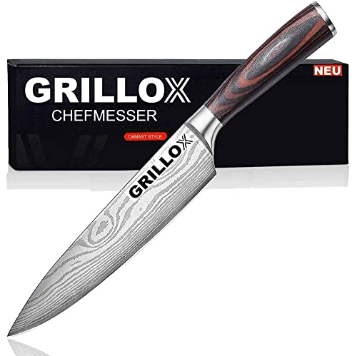 GRILLOX Kochmesser Profi Chefmesser 20cm Küchenmesser Allzweckmesser Fleischmesser Edelstahl Scharf Pakka Holz im Damast Look von MAVURA