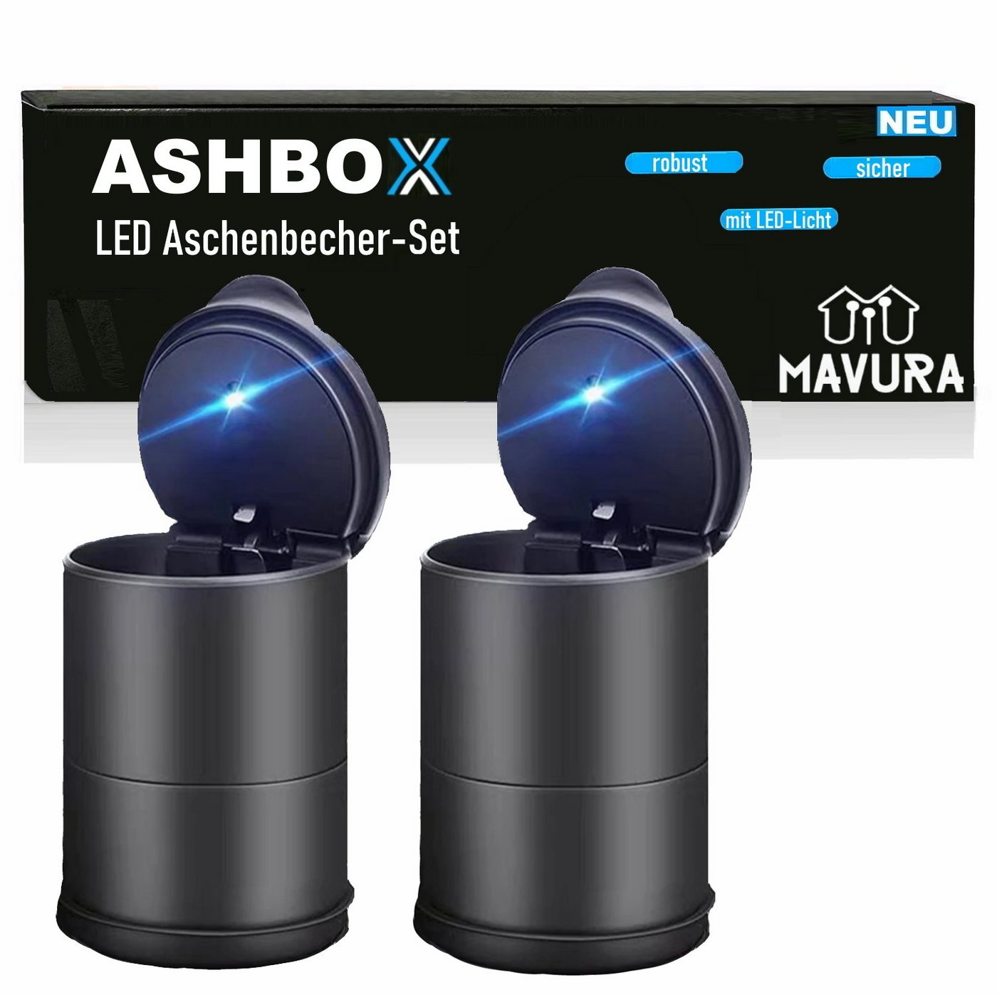 MAVURA Aschenbecher ASHBOX Auto LED Aschenbecher mit Deckel LED-Licht für Getränkehalter, Universal Selbstlöschend Sturmaschenbecher Windaschenbecher [2er Set] von MAVURA