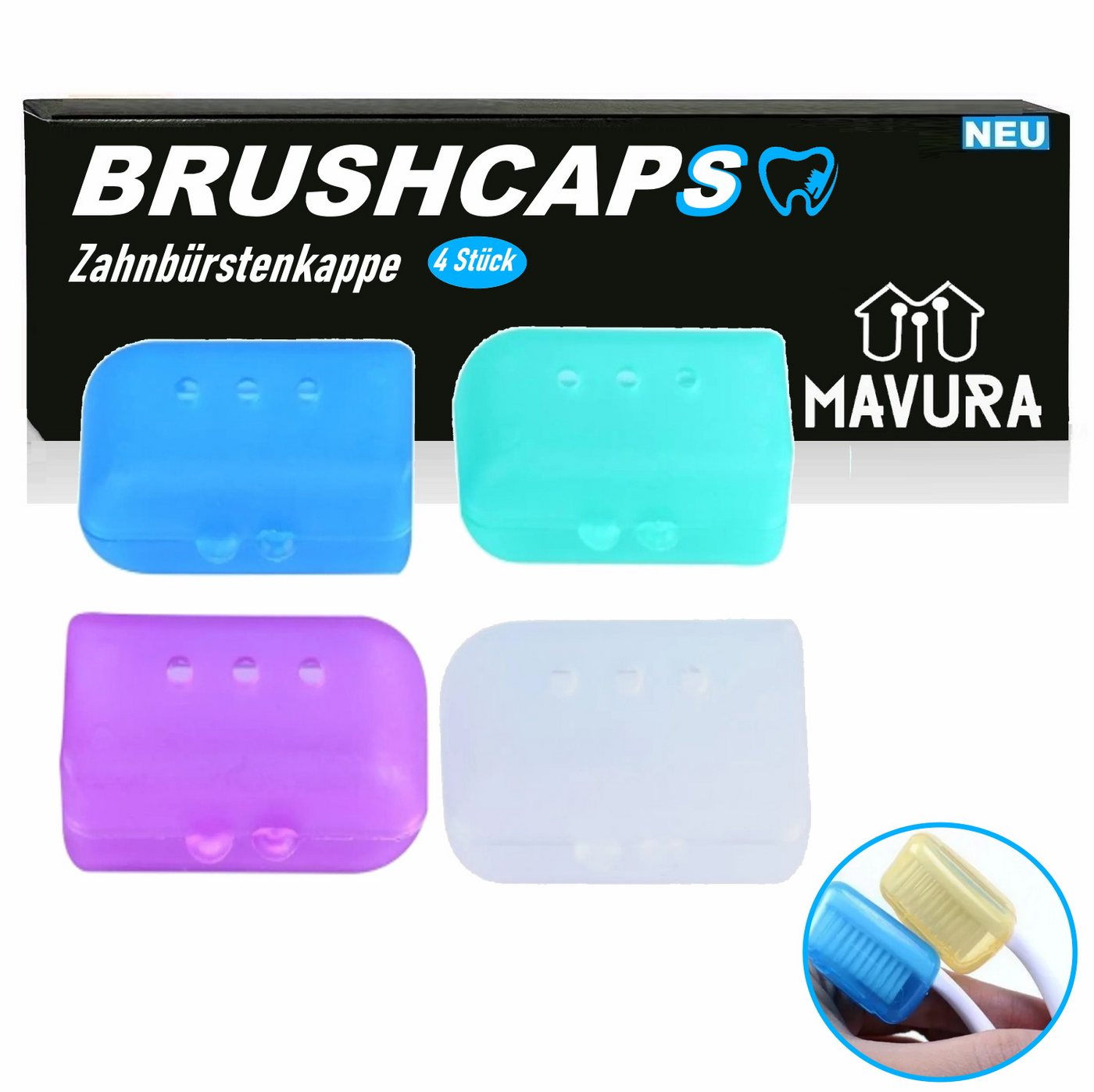 MAVURA Aufbewahrungsdose BRUSHCAPS Zahnbürstenkopf Reisekappen Zahnbürsten Aufbewahrungsdose (Abdeckung Kappe Schutzkappe Zahnbürstenschutz), Cover Zahnbürsten Reise Hülle Kopf 4er Set von MAVURA