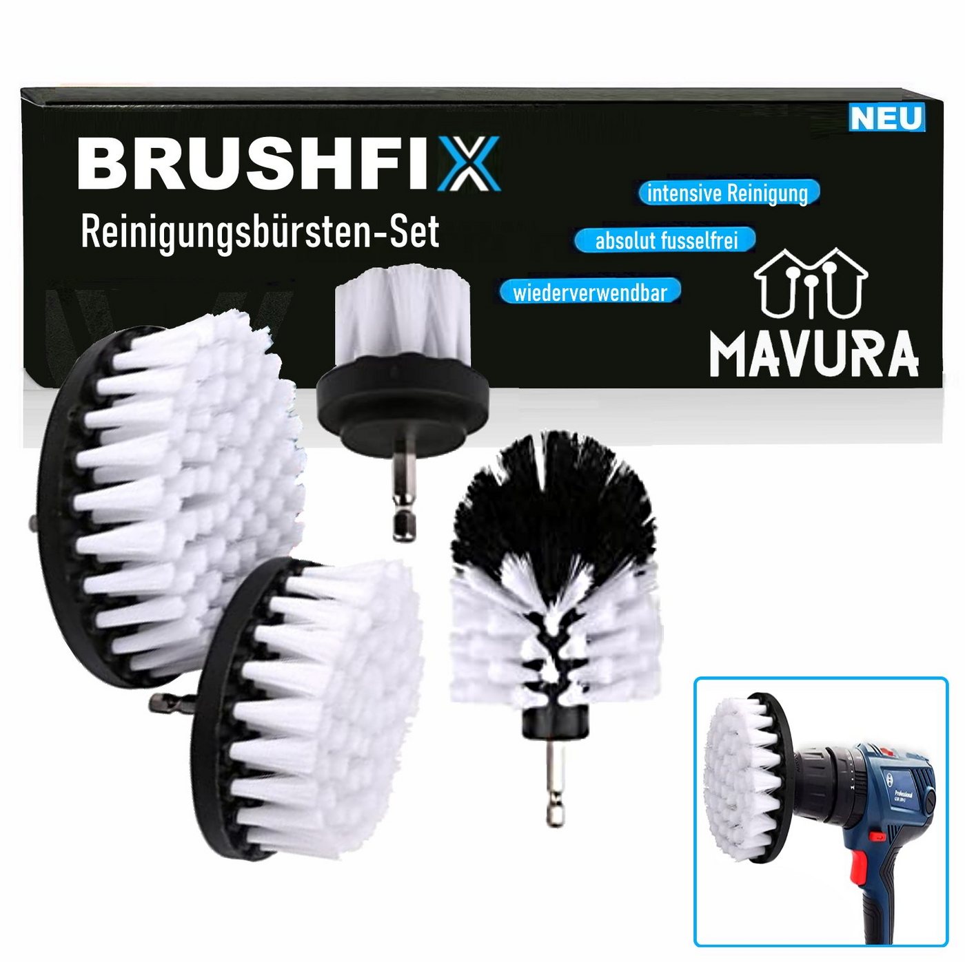 MAVURA Reinigungsbürsten-Set BRUSHFIX Bürstenaufsatz Akkuschrauber Bohrmaschine Reinigung, Bürste Reinigungsbürste Leder Polster Auto [4er Set] von MAVURA