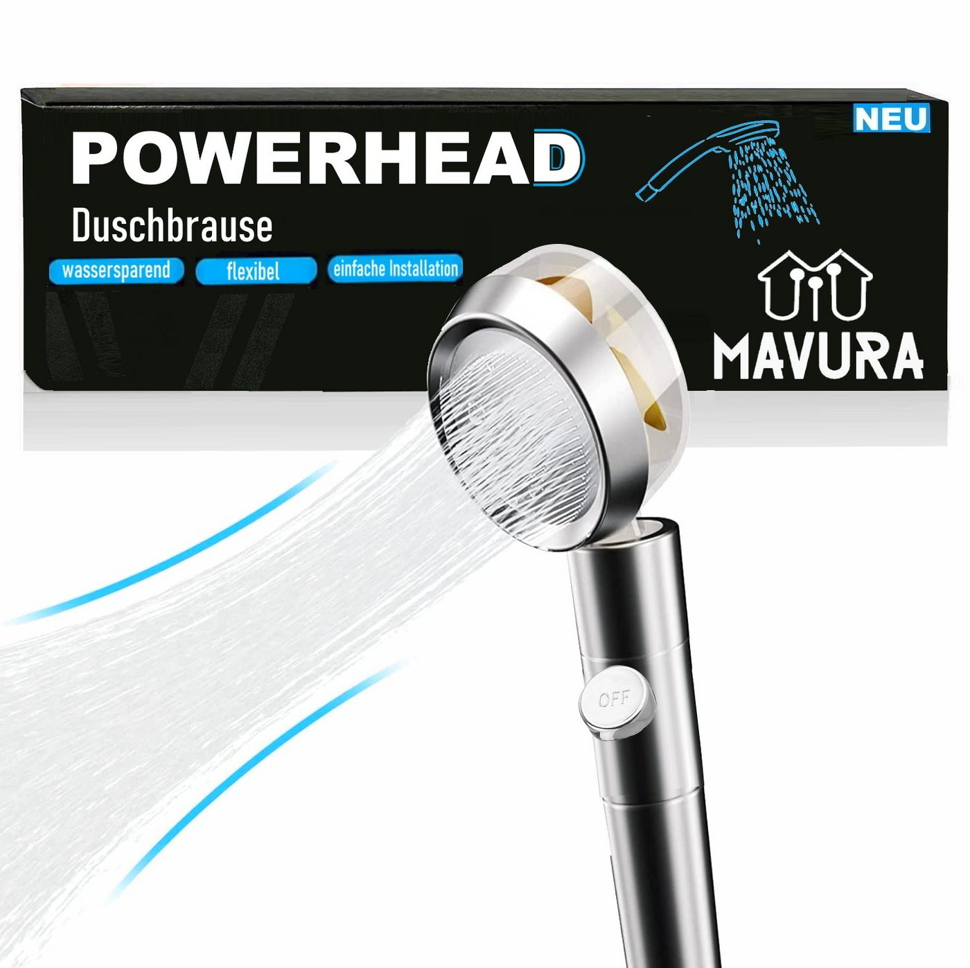 MAVURA Duschbrause POWERHEAD Der Original Power Duschkopf Duschbrause Handbrause, wassersparend Shower Dusch Brause von MAVURA