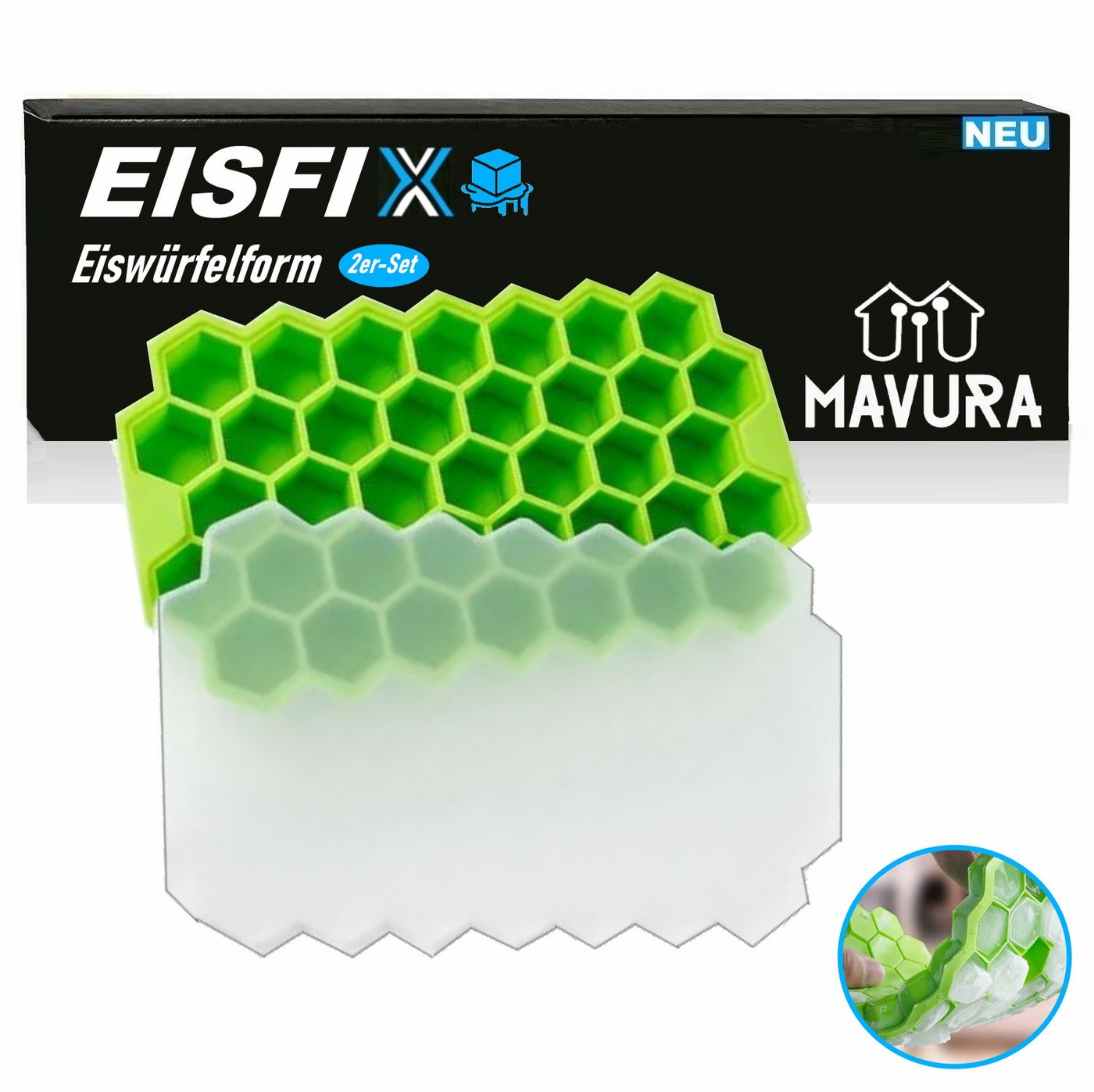 MAVURA Eiswürfelform EISFIX Silikon Eiswürfel Form Eiswürfelschale Eiskugeln Eiskugelform, Eiswürfelbehälter Waben Eiswürfelbereiter Grün [2er Set] von MAVURA