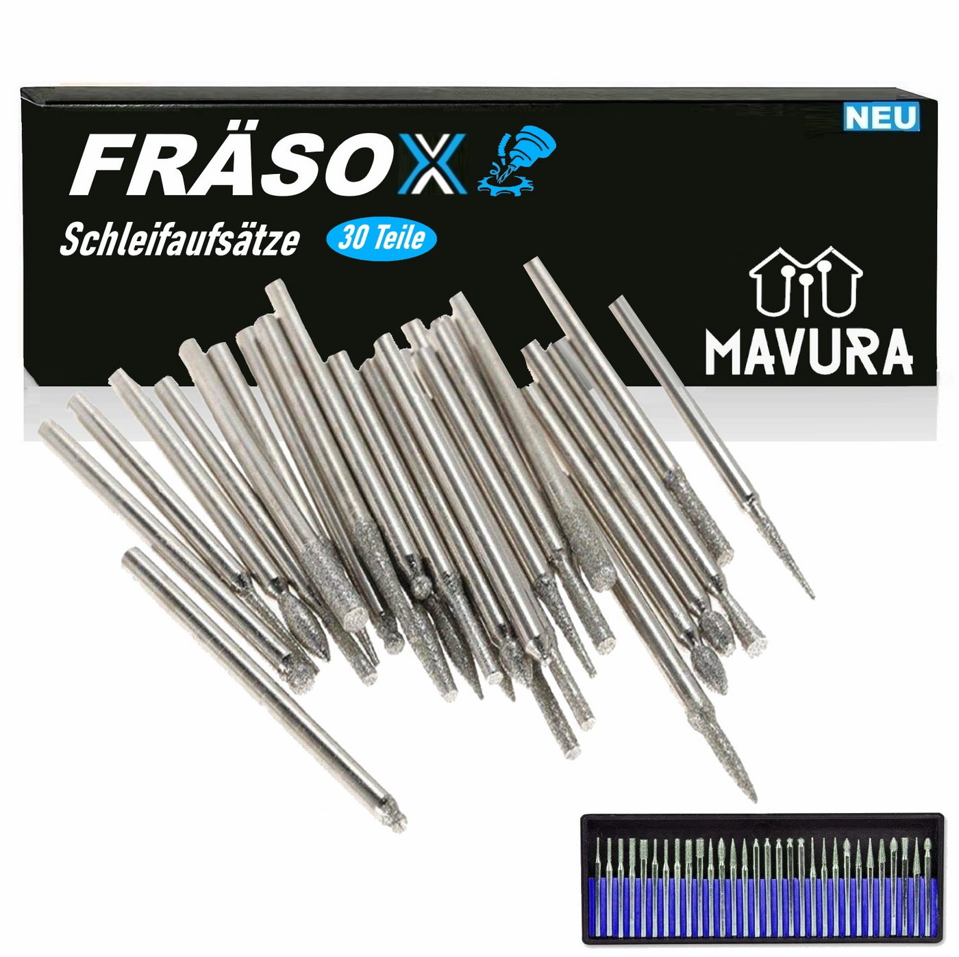 MAVURA Fräser-Set FRÄSOX Diamantfräser Set Schleifaufsätze Diamantschleifer Bohrer, 30-tlg., Set Schleifstift schleifen gravieren fräsen Holz Metall für Dremel von MAVURA