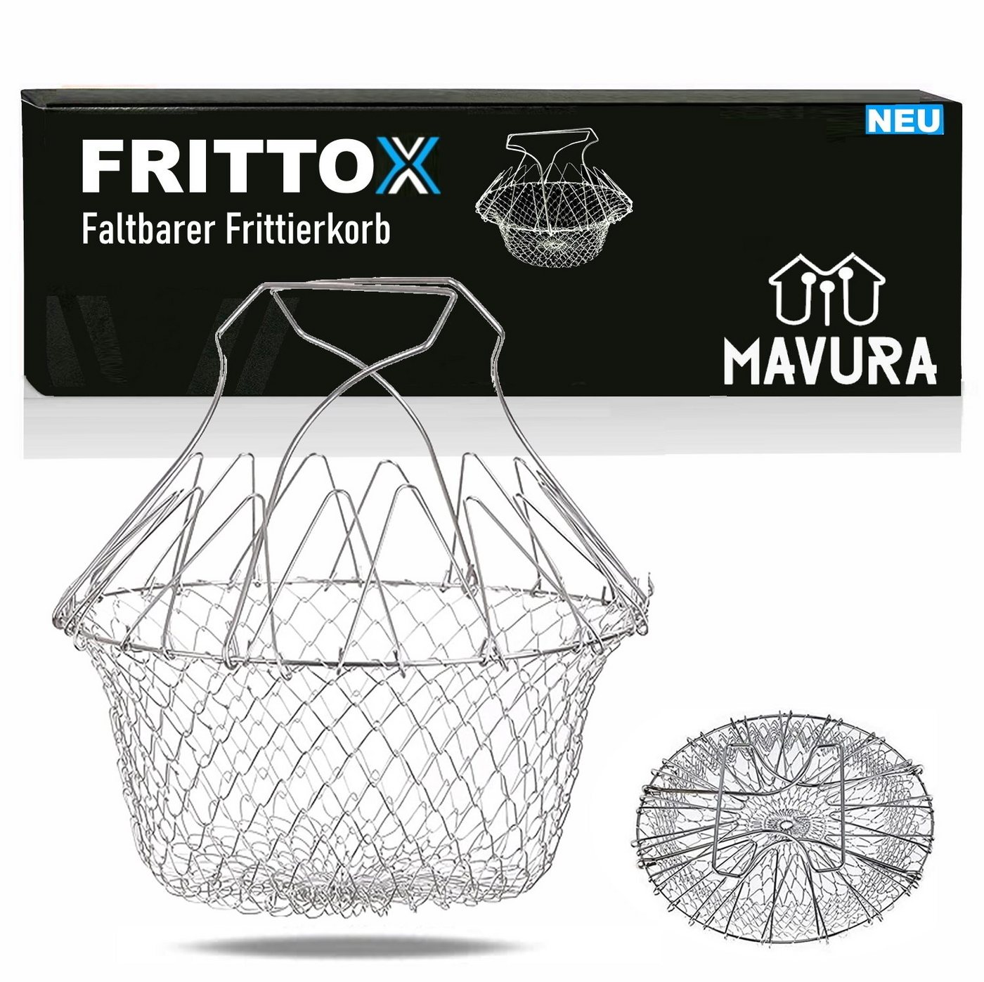 MAVURA Frittiereinsatz FRITTOX Frittierkorb Multifunktionales Edelstahl Topf Filtersieb, Sieb Frittierkörbchen Einsatzkorb Frittiersieb Faltbar von MAVURA