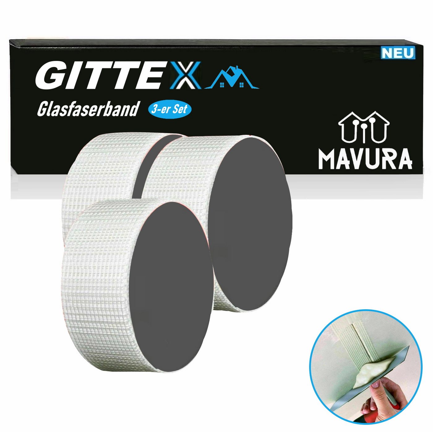 MAVURA Glasfasergewebe GITTEX Glasfaser Gewebeband Gitterband Glasfaserband Fugenband, Wand Reparatur Band Fugendeckstreifen Gipskarton selbstklebend [3er] von MAVURA