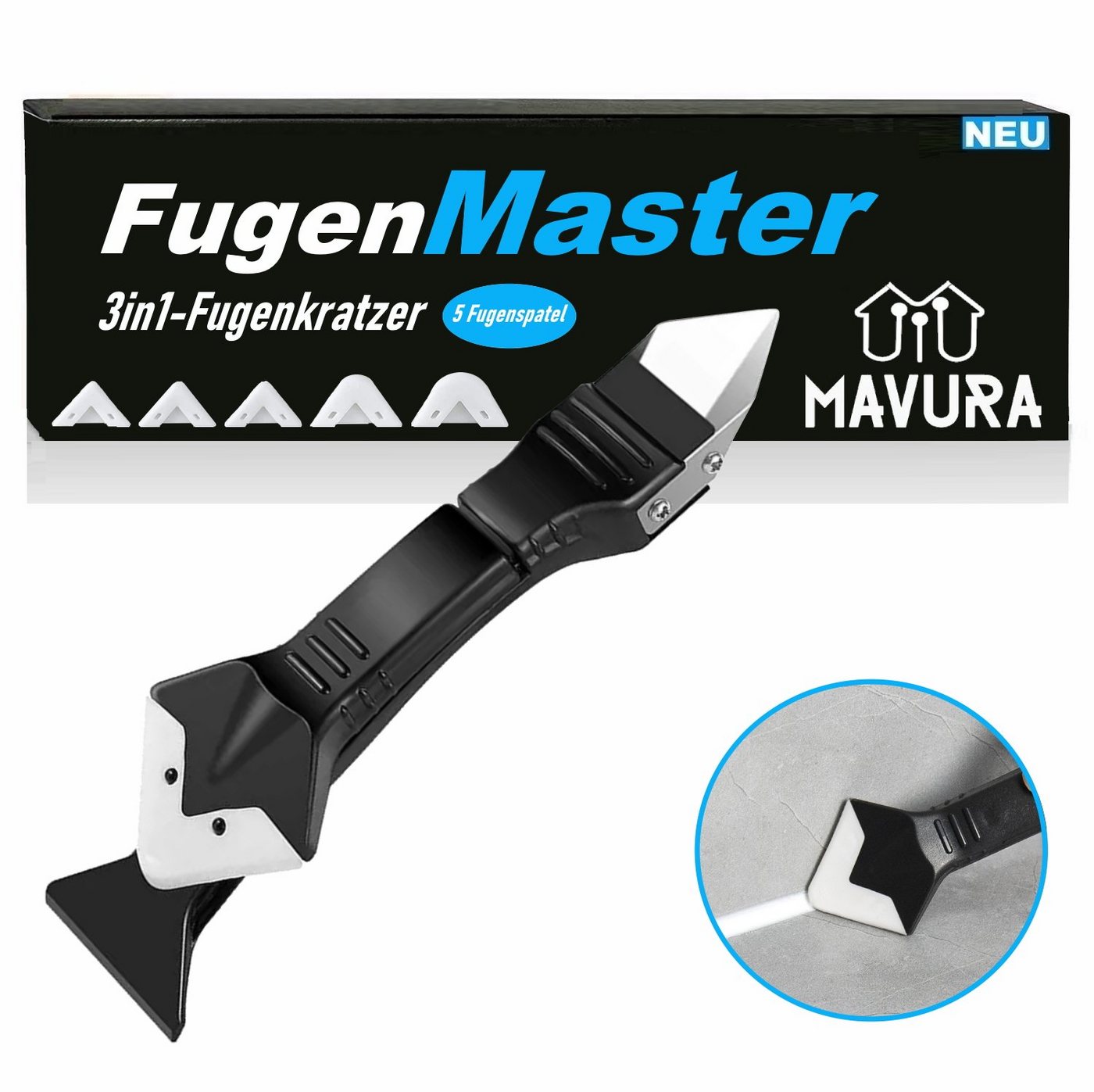 MAVURA Fugenkratzer FugenMaster 3in1 Fugenhai Fugenkratzer Fugenschaber, (Fugenglätter Fugenentferner Silikonentferner Fugenmesser, Fugen Messer Entferner Schneider), Kratzer Silikonspachtel Silikonglätter Fugenabzieher von MAVURA