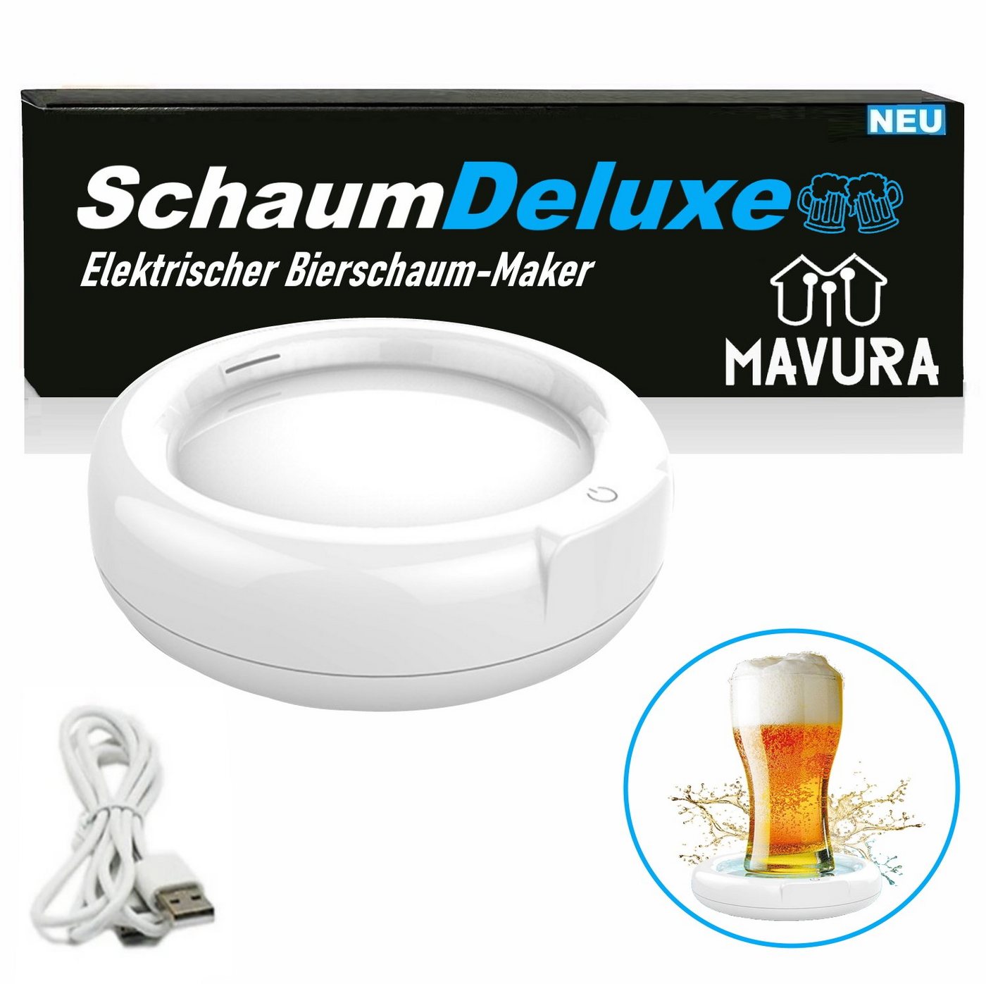 MAVURA Getränkeuntersetzer SchaumDeluxe Elektrischer Bieraufschäumer Bier Aufschäumer, Ultraschall Biersprudler Getränke Untersetzer, - auch als Milchaufschäumer / Milchschäumer geeignet von MAVURA