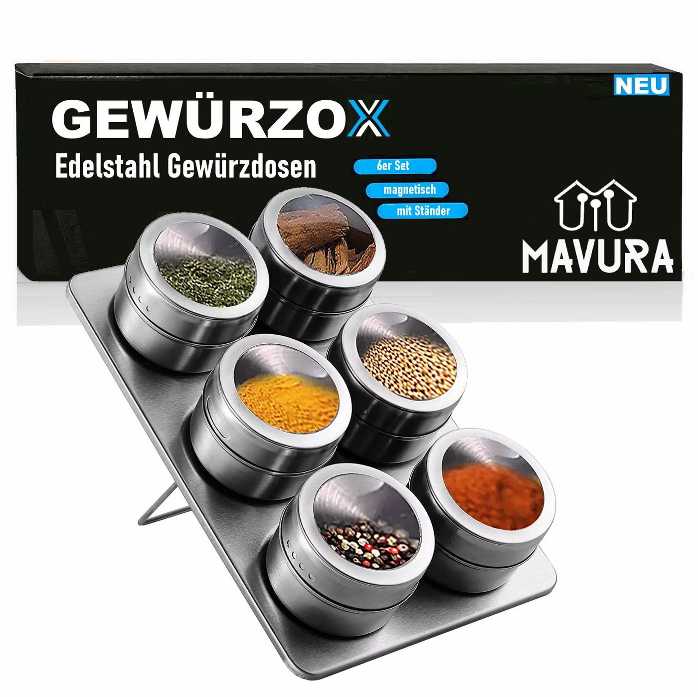 MAVURA Gewürzstreuer GEWÜRZOX Gewürzdosen Gewürz Streuer Gewürzgläser Set, Edelstahl magnetisch inkl. Gewürzständer von MAVURA