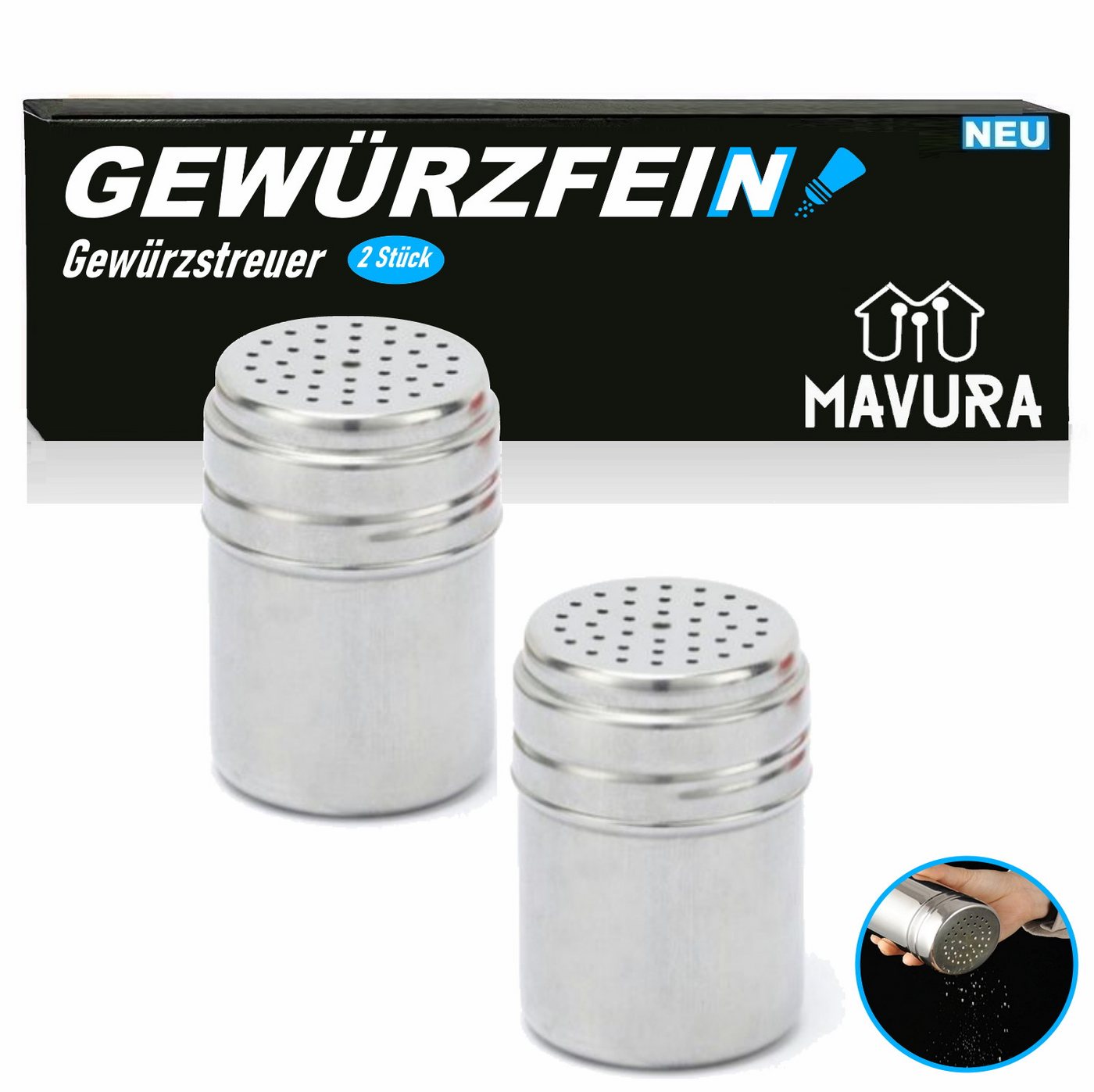 MAVURA Gewürzstreuer MAVURA Edelstahl Streuer Gewürzdose Gewürz Kakao Puderzucker Puderzuckerstreuer Zuckerstreuer Salzstreuer Kakaostreuer 2mm Lochung [2er Set] von MAVURA