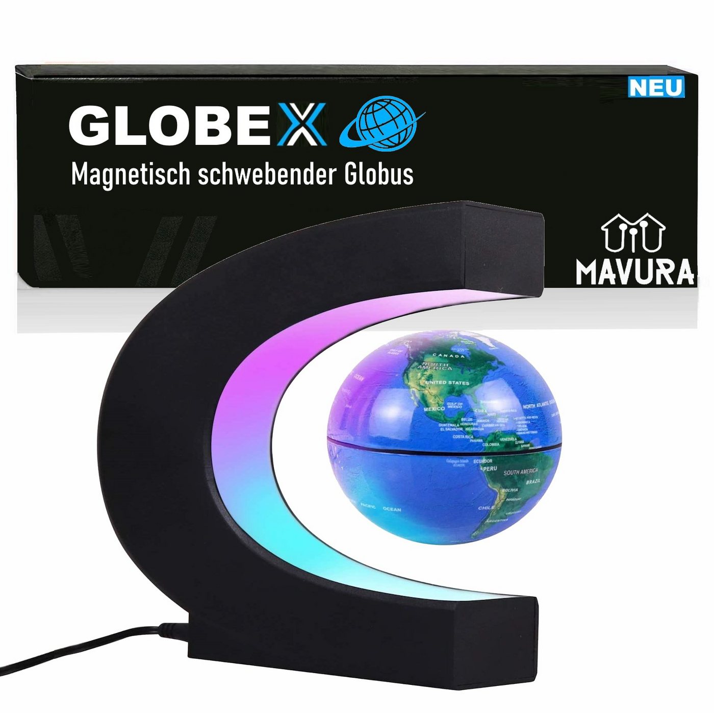 MAVURA Globus GLOBEX Schwebender magnet Globus Weltkugel, magnetischer Globus schwebend rotierende Erde mit LED-Licht von MAVURA