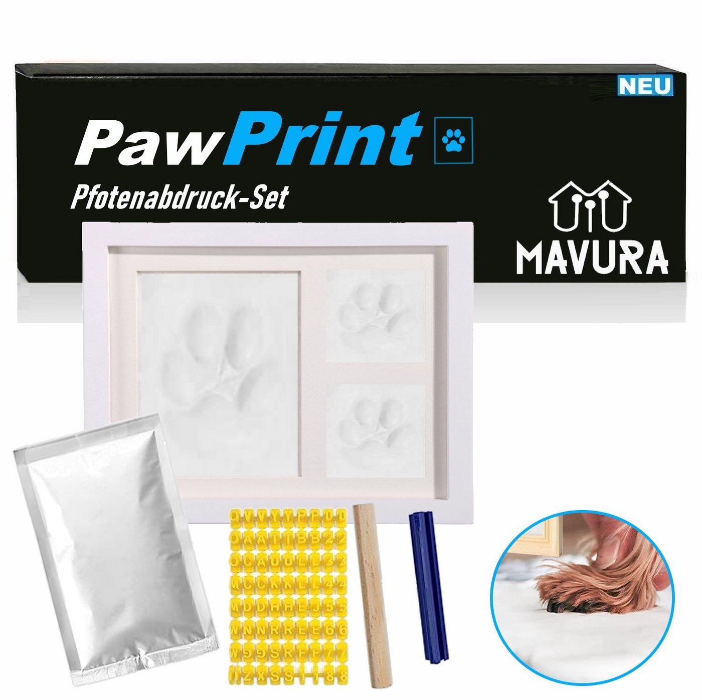 MAVURA Handabdruck-Set PawPrint Pfotenabdruck Set für Hunde, Katzen & Babys, inkl. Holz Bilderrahmen 3D Gipsabdruck Abdruck Set von MAVURA