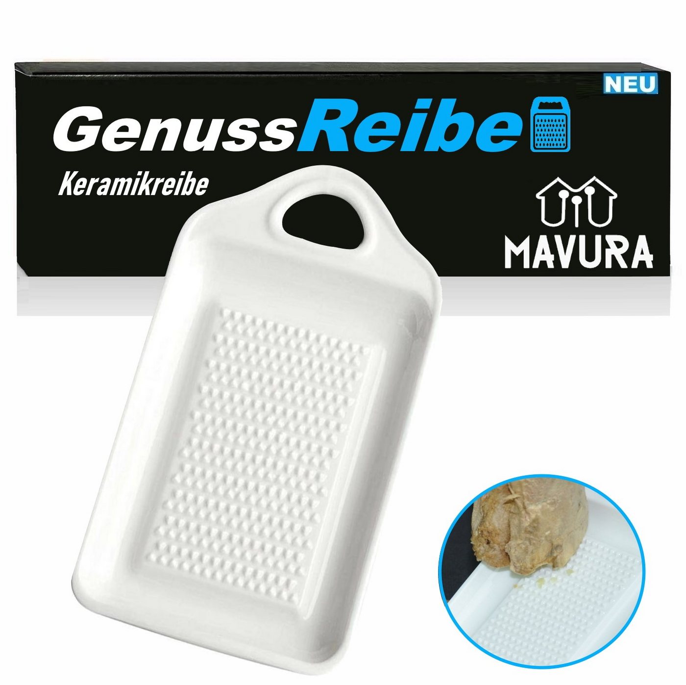 MAVURA Ingwerreibe GenussReibe Keramik Reibe Keramikreibe zum Reiben von Ingwer, (Kurkuma Muskat Knoblauch Käse Nüsse Parmesan), Schokolade Meerrettich Wasabi Zwiebel Äpfel Möhren u.v.m. von MAVURA