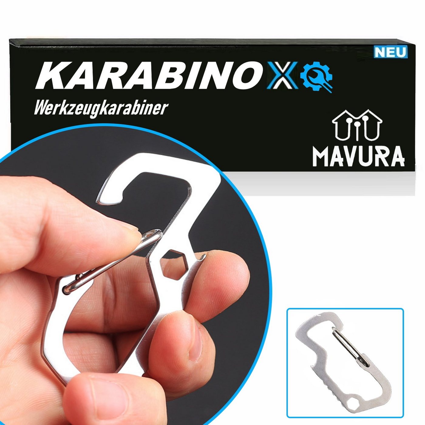 MAVURA Karabiner KARABINOX Werkzeugkarabiner Multitool Multifunktions Karabiner, (Schraubendreher), Edelstahl Werkzeug Flaschenöffner Ringverschluss D-Schnalle Clip von MAVURA