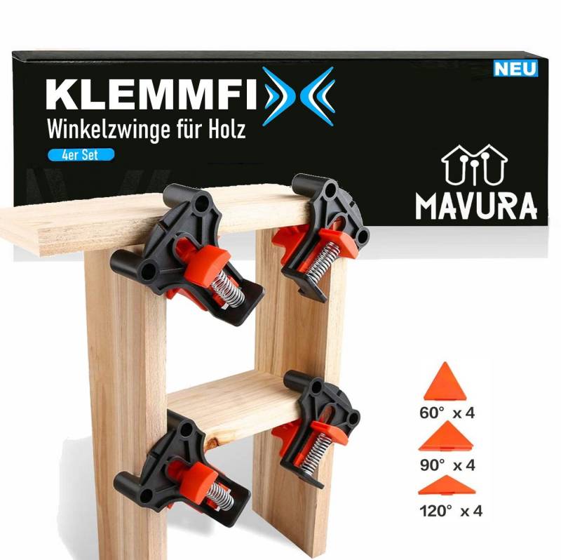 MAVURA Klemmen KLEMMFIX Holz Winkelklemmen Eckenspanner Winkelspanner Rahmenspanner, Winkelzwinge Holzklemmen Winkel Klemme 60° 90° 120° [4er Set] von MAVURA