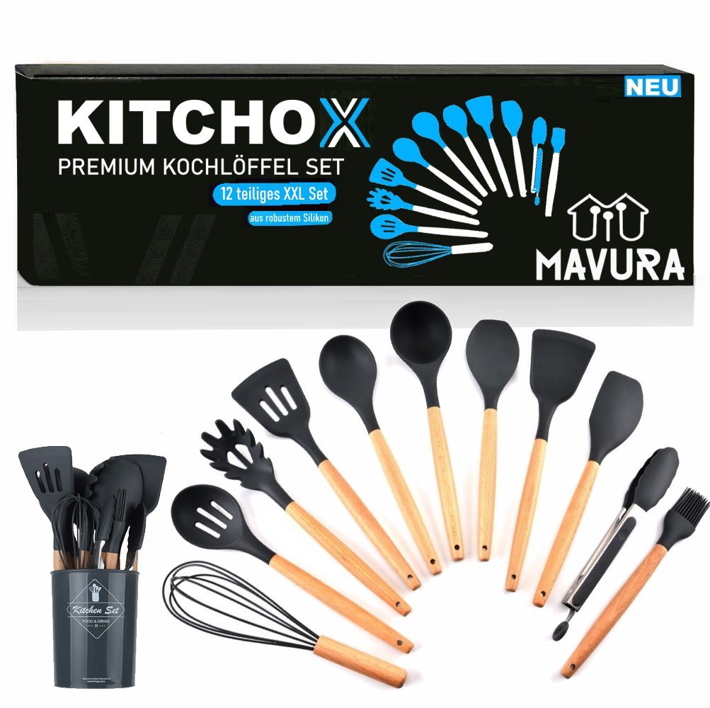 MAVURA Kochbesteck-Set KITCHOX Kochlöffelset Kochutensilien Küchenutensilien 12 teiliges Set, Koch Utensilien Helfer Löffel Besteck Silikon Holz hitzebeständig von MAVURA