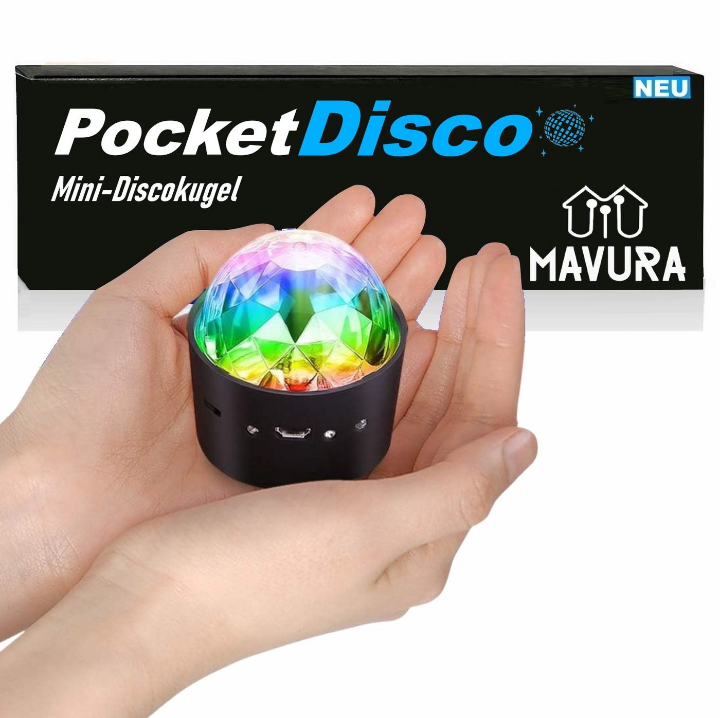 MAVURA LED Discolicht PocketDisco Mini Diskokugel RGB LED Disko Kugel Disco Lichteffekt, Licht Bühnenbeleuchtung Spiegelkugel USB wiederaufladbar, Partylicht von MAVURA