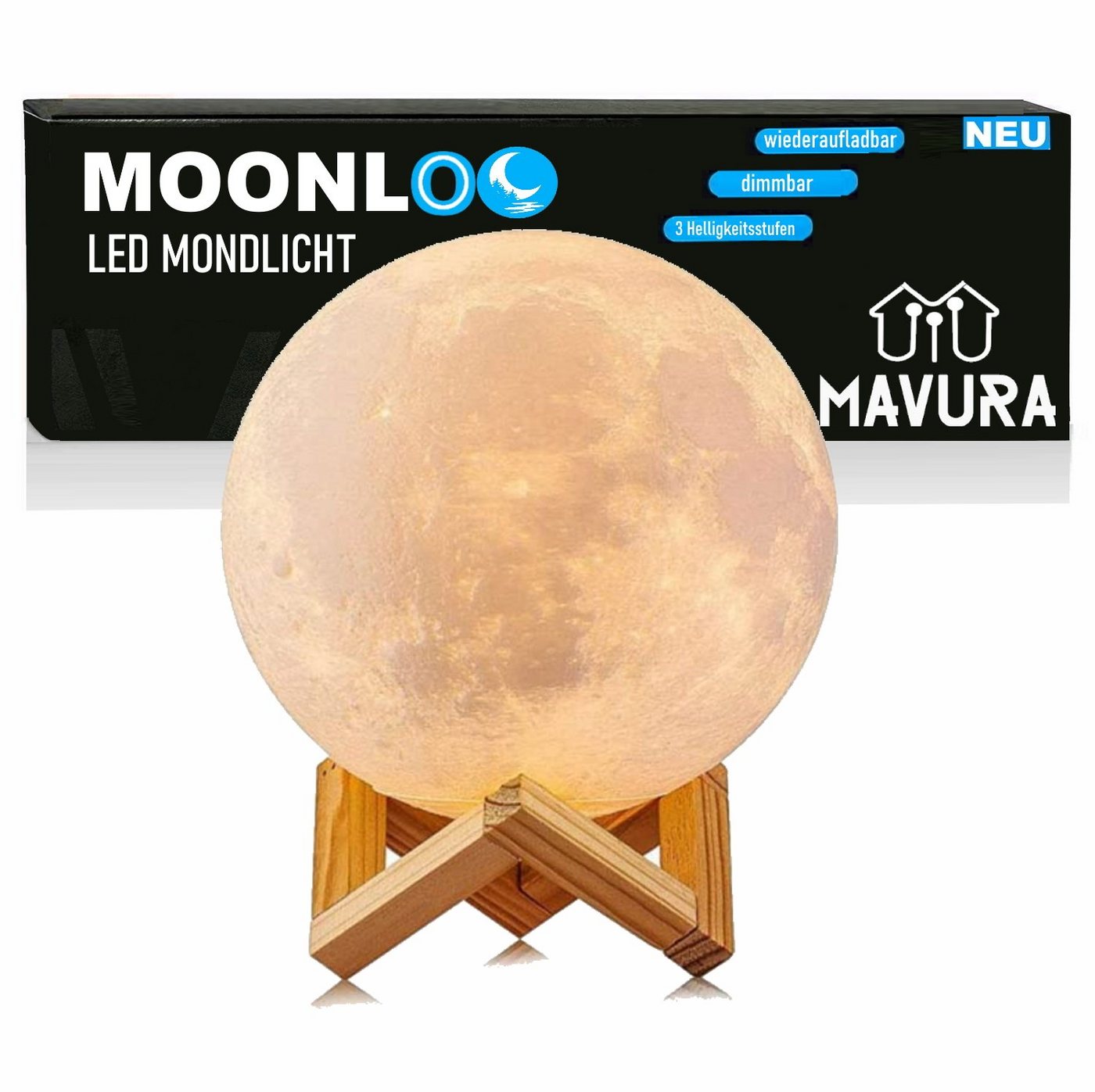 MAVURA LED Nachttischlampe MOONLOO Mondlampe Mondlicht 3D Nachtlicht Nachtlampe Mond Lampe Licht, Moon Light Touch Sensor von MAVURA