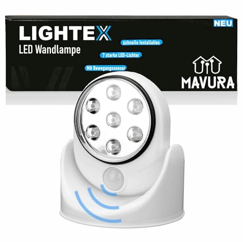 MAVURA LIGHTEX LED Wandlampe Wandleuchte Wandstrahler, LED fest integriert, Tageslichtweiß, Led, mit Bewegungsmelder kabellos Batteriebetrieben Innen Außen von MAVURA