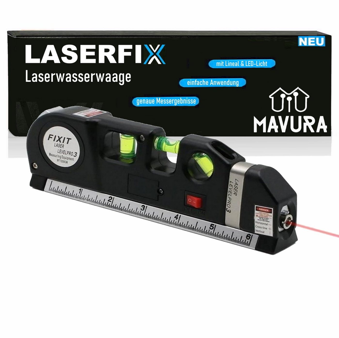 MAVURA Laserwasserwaage LASERFIX Laser Wasserwaage 4-in-1 Lasermessgerät, Kreuzlinienlaser Entfernungsmesser Maßband von MAVURA