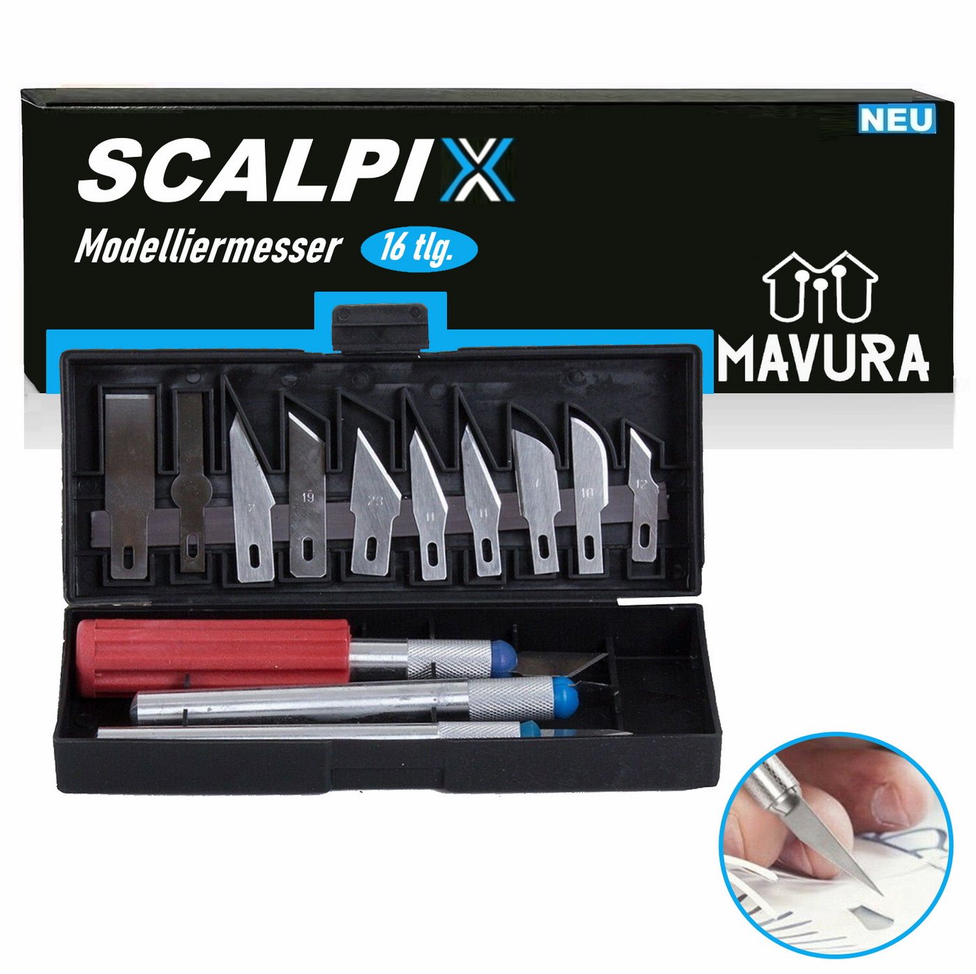 MAVURA Messer-Set SCALPIX Bastelmesser Skalpellmesser Skalpell Set Präzisionsmesser (Schnitzmesser Modellbau Messer), Modelliermesser Hobby-Skalpell Cuttermesser [16tlg] von MAVURA