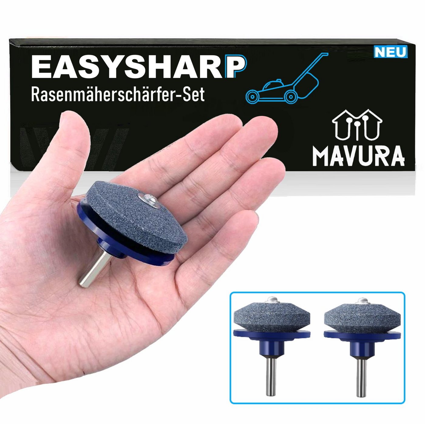 MAVURA Messerschärfer EASYSHARP Rasenmäher Messerschärfer Set Rasenmäherschärfer, Rasenmäher Auswuchtkegel Auswuchtgerät [2er Set] von MAVURA