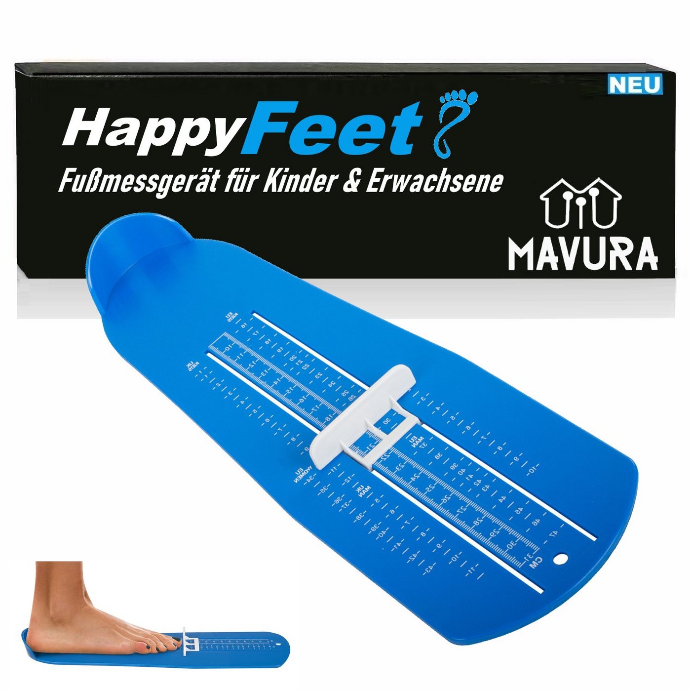 MAVURA Messschieber HappyFeet Fußmessgerät Fußmesser Schuhgrößentabelle, für Kinder & Erwachsene, - Messbereich Schuhgröße 15 bis 48 von MAVURA