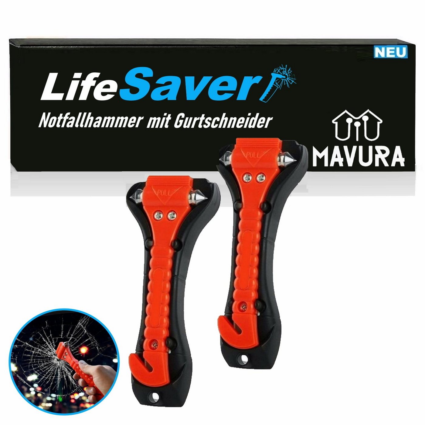 MAVURA Hammer LifeSaver Lebensretter Nothammer Gurtschneider Notfall, Hammer Notfallhammer Glasbrecher [2er Set] von MAVURA