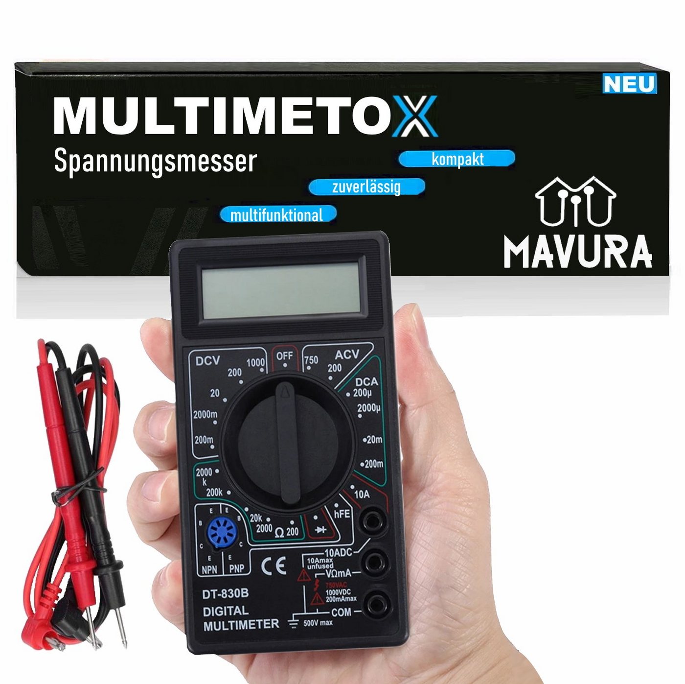 MAVURA Multimeter MULTIMETOX Tragbares LCD Digitales elektronisches Voltmeter, (Spannungsmesser Stromprüfer Strommessgerät Spannungstester Digital), Amperemeter Ohmmeter Volt Tester Digital Multimeter Messgerät von MAVURA