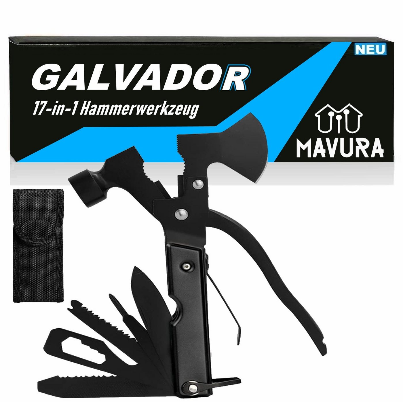 MAVURA Multitool GALVADOR 17in1 Multifunktionswerkzeug Axt Hammer Zange Multitool, Taschenmesser Messer Schraubendreher Drahtschneider Bit von MAVURA