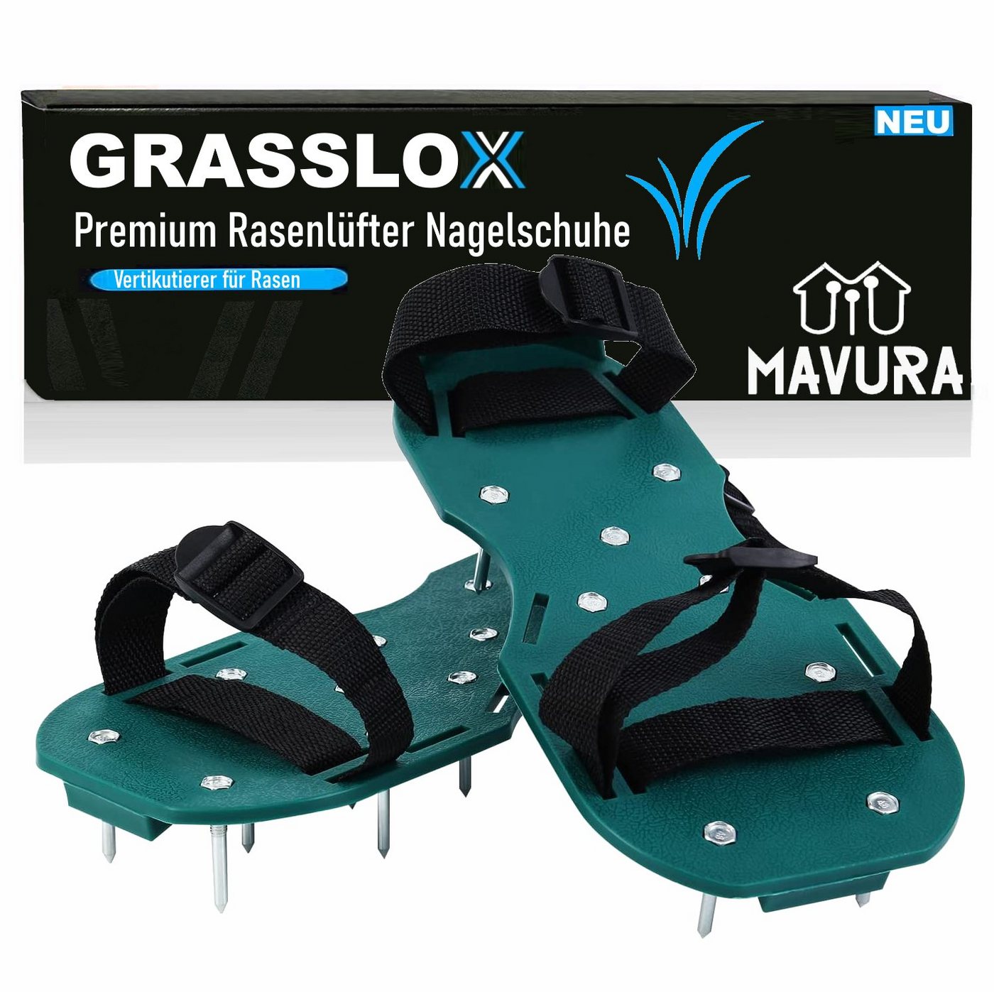 MAVURA Rasenlüfter GRASSLOX Rasenbelüfter Nagelschuhe Vertikutierer Nagelsohlen Schuhe, Gartenschuhe Estrichschuhe Fliesenleger Aerifizierer Schuhe von MAVURA