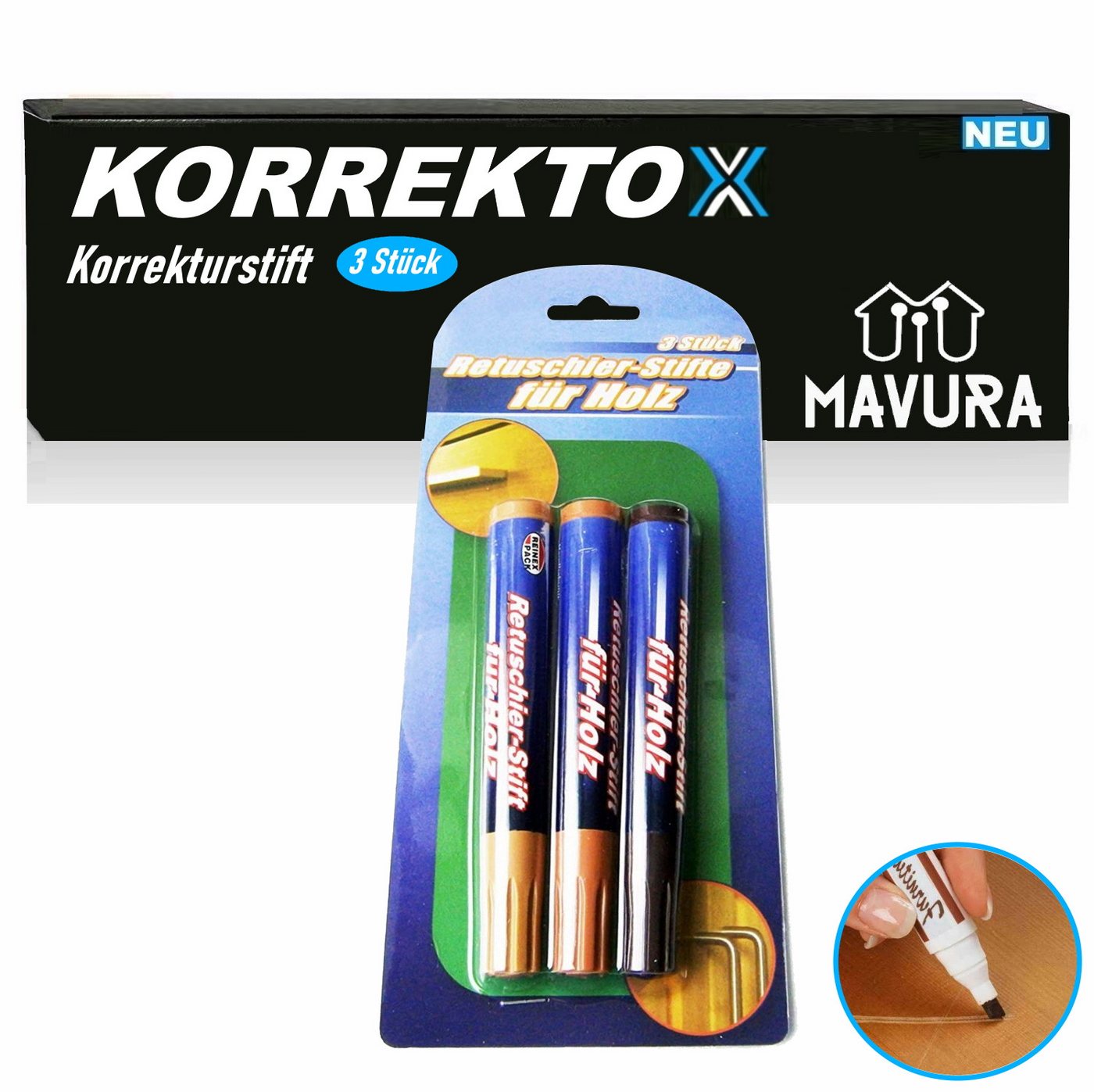 MAVURA Retuschierstift Reparaturstift Korrekturstift Stift für Möbel Holz Parkett Furnier Laminat Reparatur [3er Set] von MAVURA